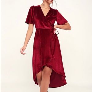 Amour Wine Red Velvet High-Low Wrap Dress
